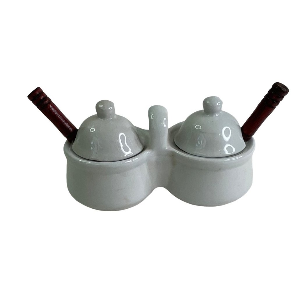Vintage Double Lidded Condiment Server w/ Spoons Porcelain Jelly Jam Relish Dish